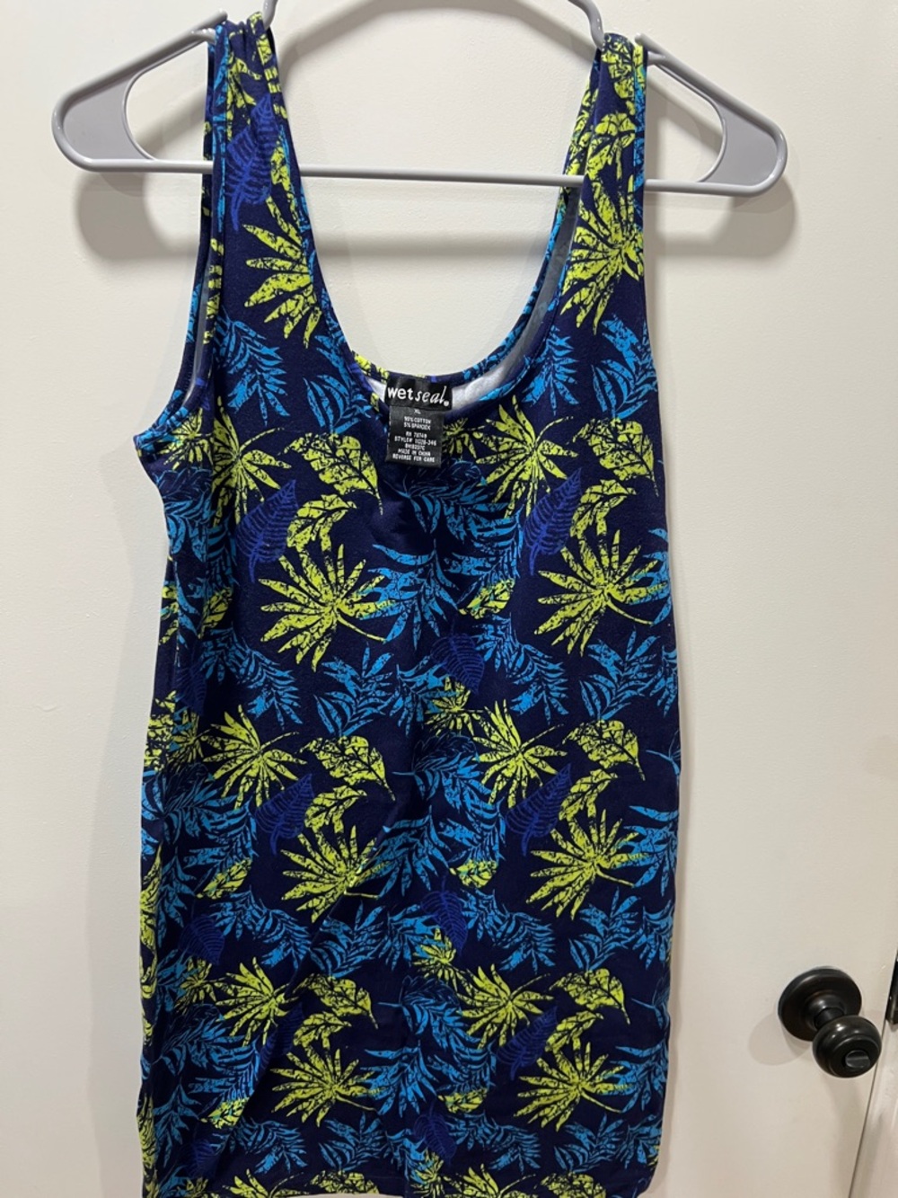 Wet Seal Navy Tank Dress with Blue & Lime Leaf Print